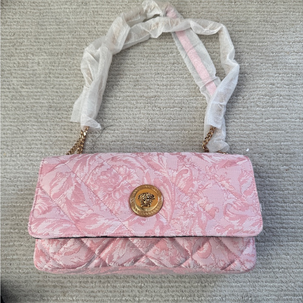 (Auth) Versace La Medusa Pink Fabric Shoulder Bag